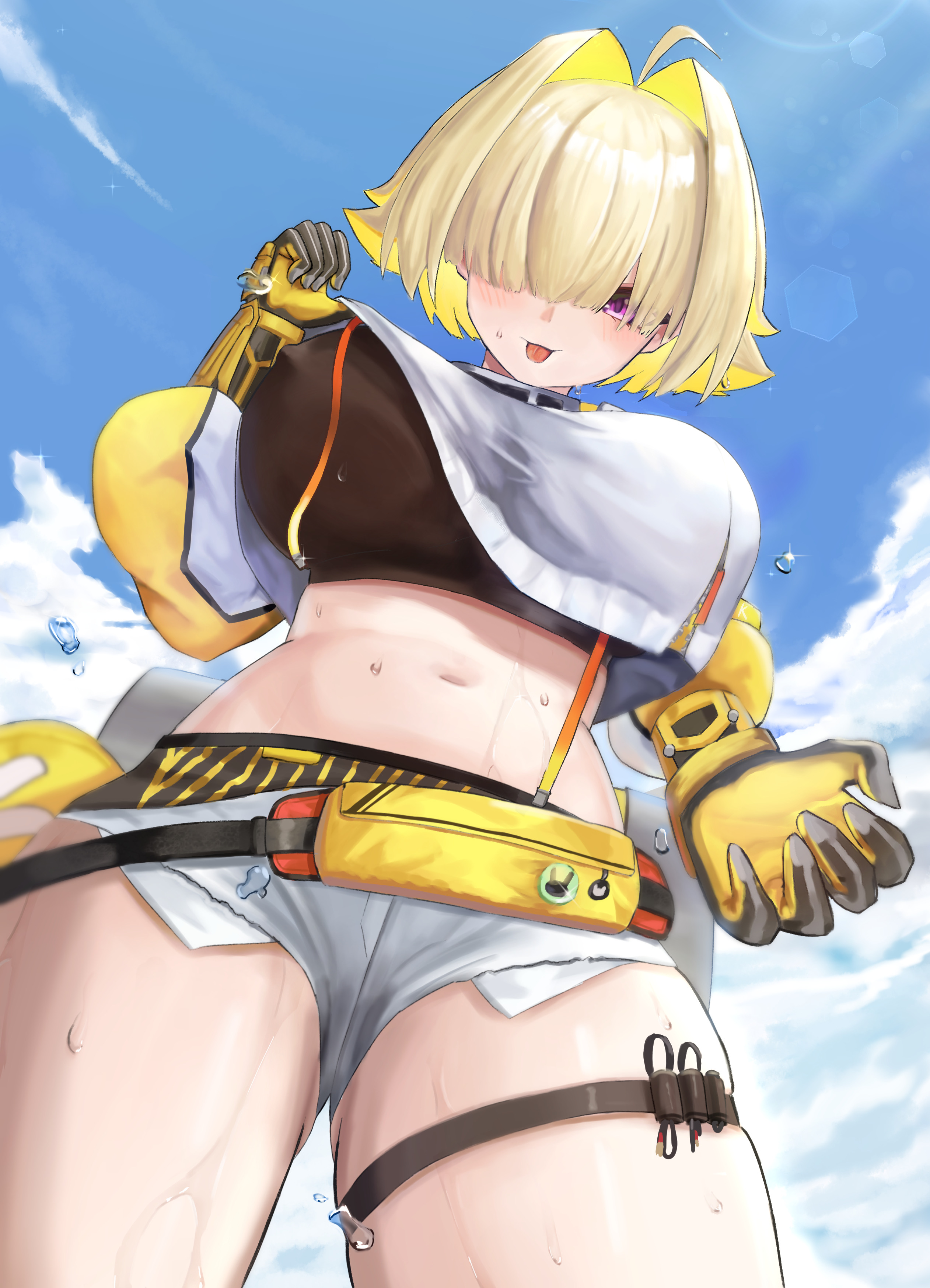 1girls, ahoge, ass visible through thighs, belly, belly button, blonde hair, blush, breasts, elegg (nikke), female, female only, fully clothed, goddess of victory: nikke, hair over eyes, just tume, large breasts, midriff, nipple outline, purple eyes, sweat, thighs, tight clothing, tongue, tongue out