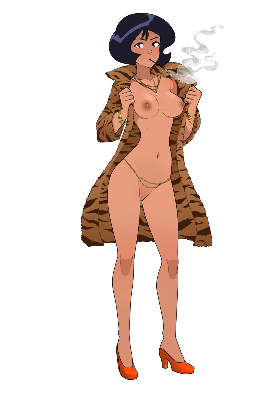 1girls 2020 alex_(totally_spies) black_hair casual cigarette cigarette_holder commission dark-skinned_female dark_skin digital_media_(artwork) exhibitionism female footwear fur_coat heels human jewelry legwear outerwear pinup rodjim smoking solo topless totally_spies uncensored