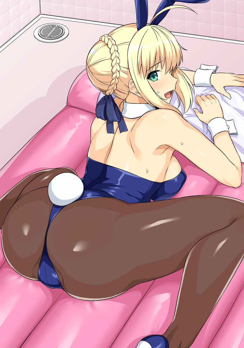 1girls :d ahoge air_mattress animal_ears artoria_pendragon_(fate) artoria_pendragon_(saber) ass ass_focus bathroom blonde_hair blue_footwear blue_leotard blue_ribbon braided_bun braided_hair breasts commentary_request detached_collar fake_animal_ears fake_tail fate/stay_night fate_(series) female green_eyes hair_ribbon haruhisky high_heels highres huge_ass large_breasts leotard open_mouth pillow playboy_bunny rabbit_ears rabbit_tail ribbon saber saber_(fate) sideboob smile soapland solo sweat tail tile_wall tiles tongue white_wrist_cuffs wrist_cuffs