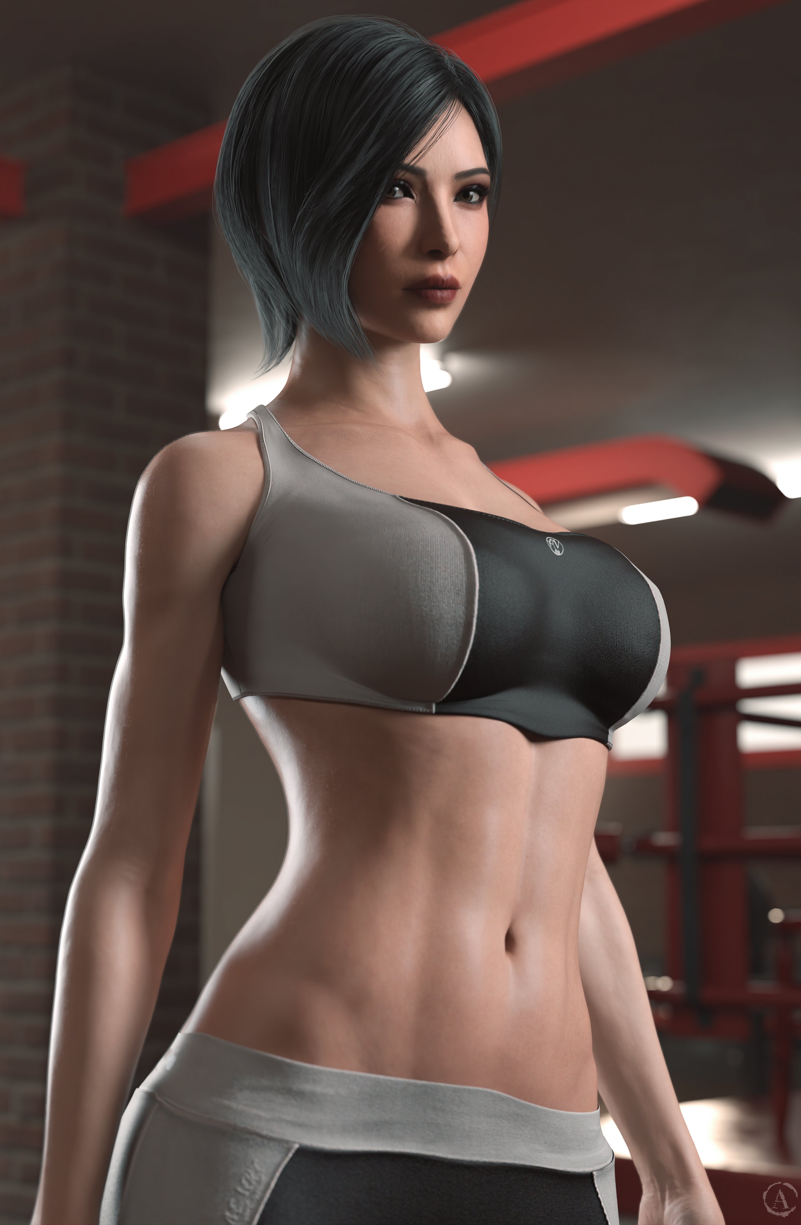 1girls, 3d, 3d (artwork), abs, ada wong, alf3d, asian, asian female, athletic, athletic female, belly button, black hair, brown eyes, capcom, female, fit, fit female, gym, gym clothes, hi res, highres, looking at viewer, navel, resident evil, resident evil 2, resident evil 2 remake, sports bra, sportswear