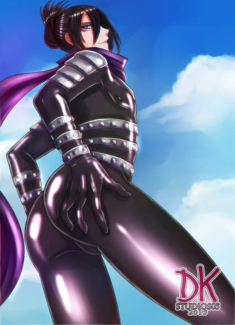 1boy, 2015, areolae, ass, ass grab, black hair, blue eyes, bodysuit, dated, dkstudios05, femboy, folded ponytail, large ass, looking at viewer, male, male only, ninja, nipples, nipples visible through clothing, one-punch man, scarf, shiny hair, skin tight, smile, solo, speed-o'-sound sonic