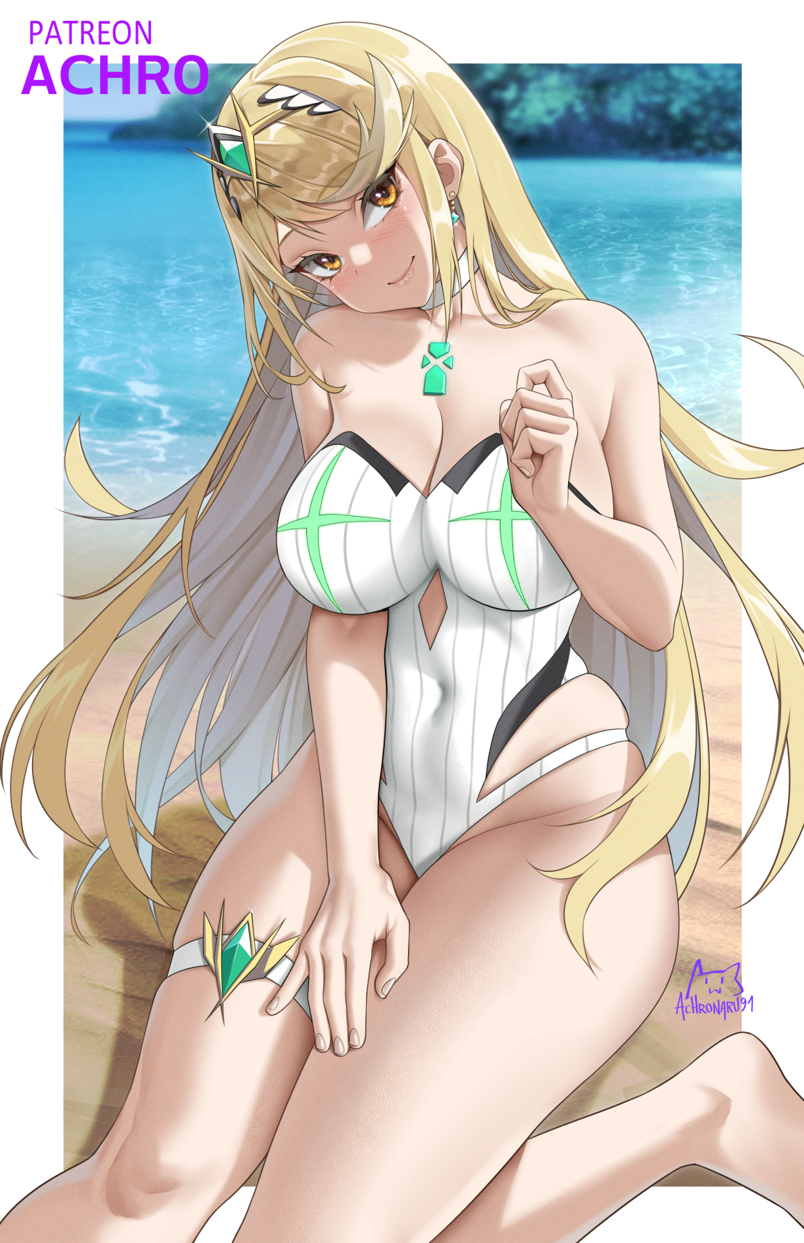 1girls, achromaru, blonde hair, breasts, core crystal, female, gold eyes, huge breasts, light skin, light-skinned female, long hair, mythra, naughty face, nintendo, one-piece swimsuit, smile, swimsuit, xenoblade (series), xenoblade chronicles 2