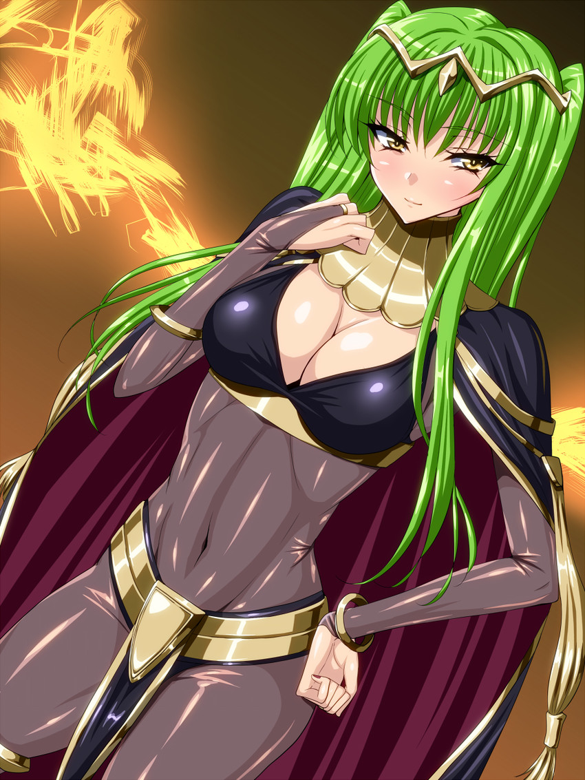 alternate_costume blush bodysuit breasts c.c. cape cleavage code_geass crossover_cosplay diagonal_angle female fire_emblem fire_emblem_awakening green_hair navel skin_tight tharja_(fire_emblem)_(cosplay)