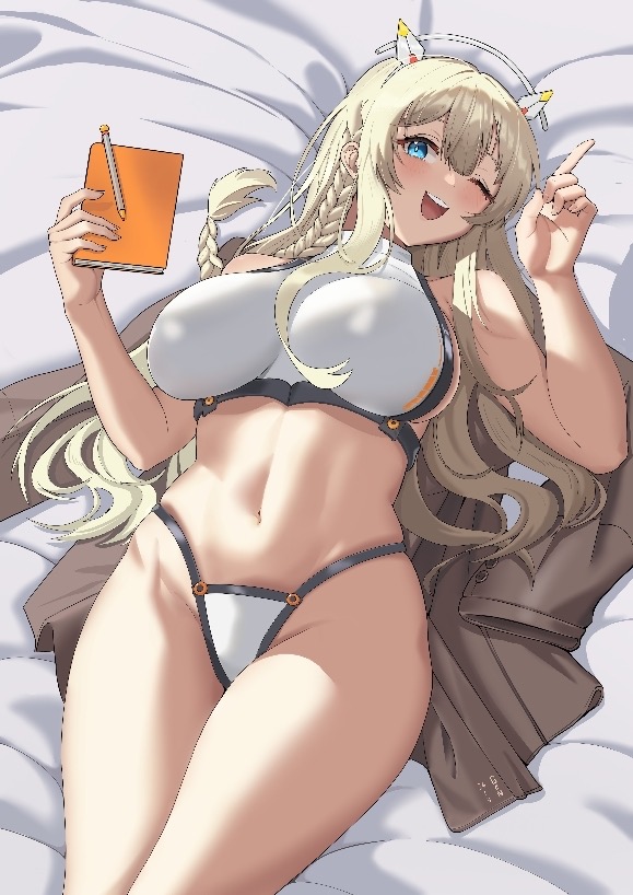 1girls belly belly_button blonde_hair blue_eyes blush braid female_only goddess_of_victory:_nikke large_breasts long_hair lying lying_on_back lying_on_bed midriff one_eye_closed open_mouth panties thighs tove_(nikke) upper_teeth wide_hips