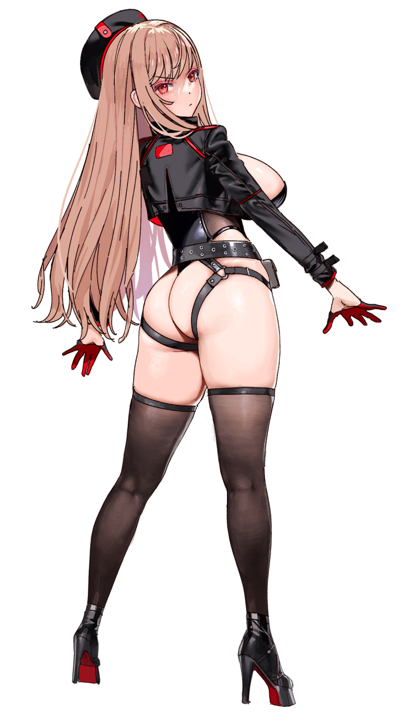 1girls, ass, ass focus, beret, blonde hair, breasts, female, female only, fully clothed, goddess of victory: nikke, high heels, large breasts, light skin, light-skinned female, long hair, rapi (nikke), red eyes, revealing clothes, skimpy clothes, solo, thighhighs, tight clothing, white background
