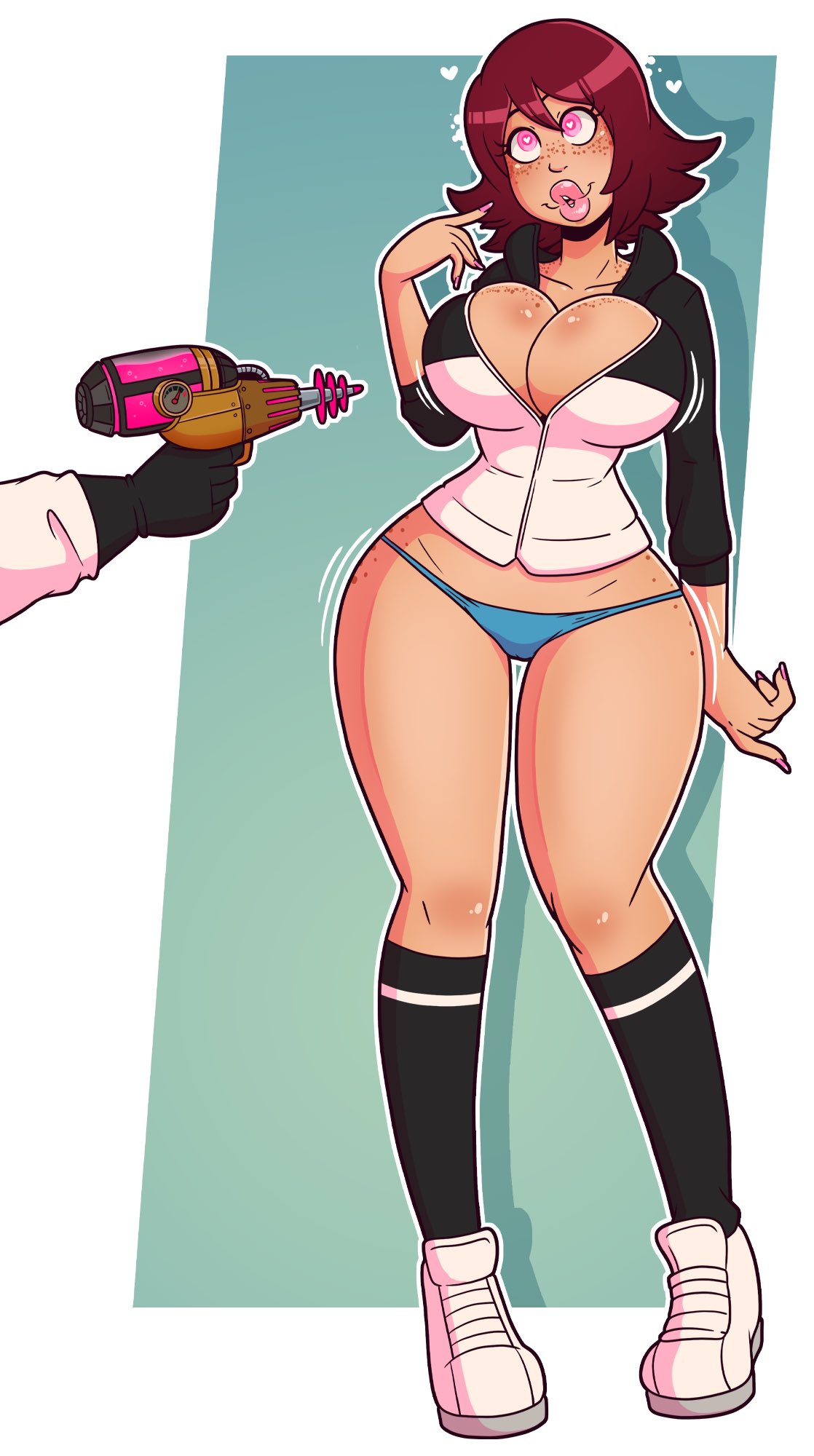 1girls, ass, big ass, big breasts, bimbo, bimbo lips, bimbofication, blue panties, brain drain, breasts, cleavage, female, freckles, freckles on ass, freckles on breasts, freckles on face, freckles on shoulders, gloves, green background, gun, heart, heart-shaped pupils, holding object, kim pine, nail polish, panties, partially clothed, pink eyes, pink nails, red hair, scott pilgrim, sharp fingernails, short hair, unzipped, weapon, white background, wrenzephyr2