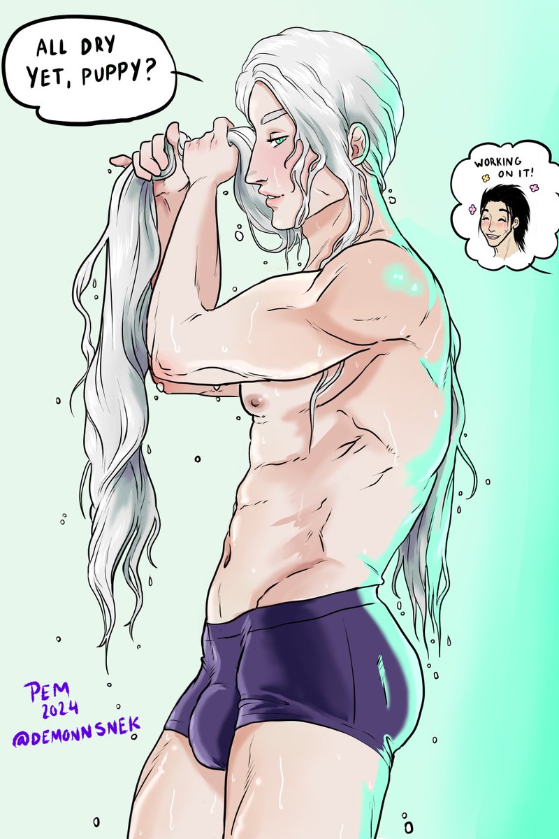 big_bulge black_hair black_hair_bottom boxers boxers_(clothing) cat_eyes demonnsnek digital_art digital_drawing_(artwork) digital_painting_(artwork) dominant dominant_male domination final_fantasy final_fantasy_vii final_fantasy_vii_rebirth final_fantasy_vii_remake gay green_eyes light_hair_on_dark_hair long_hair muscle_tone muscles muscular_male profile puppyplay sephiroth silver_hair wet wet_body wet_clothes wet_skin white_hair white_hair_on_black_hair white_hair_top yaoi zack_fair