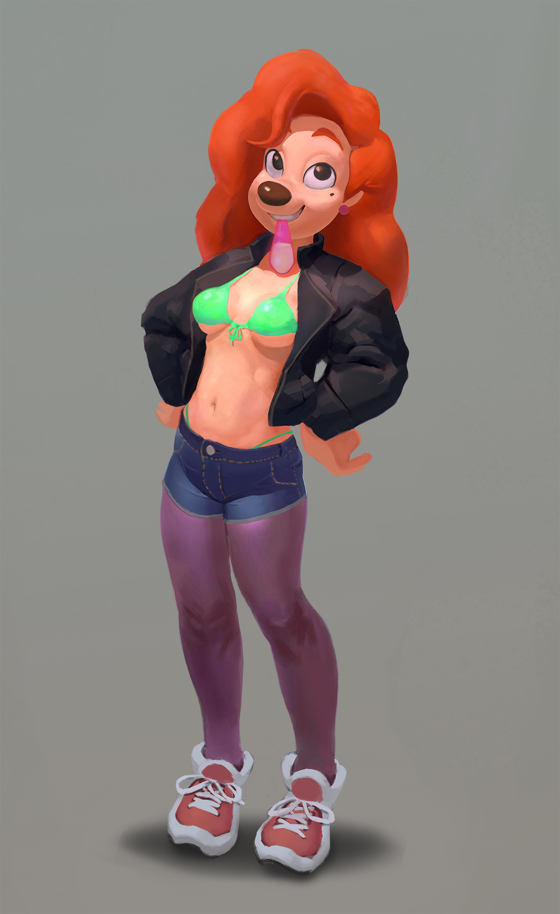 1girls, 2019, anthro, beauty mark, bikini, bikini top, bottomwear, bra, breasts, canid, canine, canis, clothed, clothing, condom, condom in mouth, cum, denim, denim clothing, denim shorts, disney, domestic dog, ear piercing, ear ring, female, female only, filled condom, flo (artist), furry, goof troop, hands on hips, highres, jacket, leather jacket, legwear, long hair, looking at viewer, mammal, midriff, navel, open jacket, pantyhose, piercing, red hair, roxanne (goof troop), shoes, shorts, simple background, smile, sneakers, solo, standing, swimwear, thong, topwear, underboob