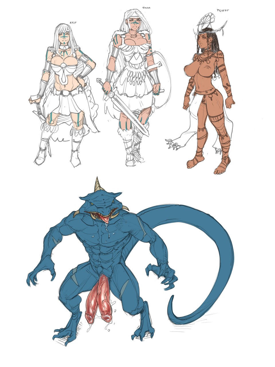 1boy 3girls abs amazon_(warhammer_fantasy) bbc-chan breasts diphallia diphallism doodle female horn lizardman lizardman_(warhammer_fantasy) male monster multi_penis muscular muscular_male penis scalie tail text warhammer_(franchise) warhammer_fantasy