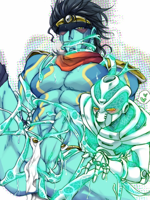 2boys blush enjoying_itself hierophant_green jojo's_bizarre_adventure loincloth_aside looking_at_another looking_at_viewer male_only penis star_platinum stardust_crusaders tentacle_in_mouth tentacle_sex unknown_artist