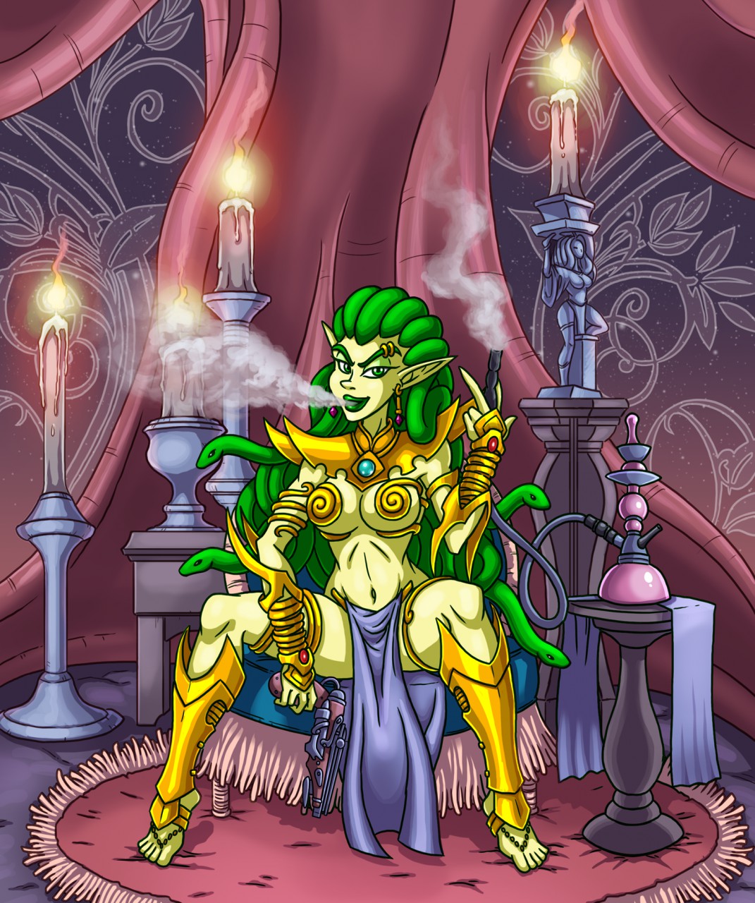 2016 cigarette cigarette_holder commission digital_media_(artwork) dungeons_and_denizens eyebrow_piercing goldenyak gorgon green_eyes green_skin mythological_creature mythology piercing piercings smoking snake_hair uncensored zerelda_the_gorgon