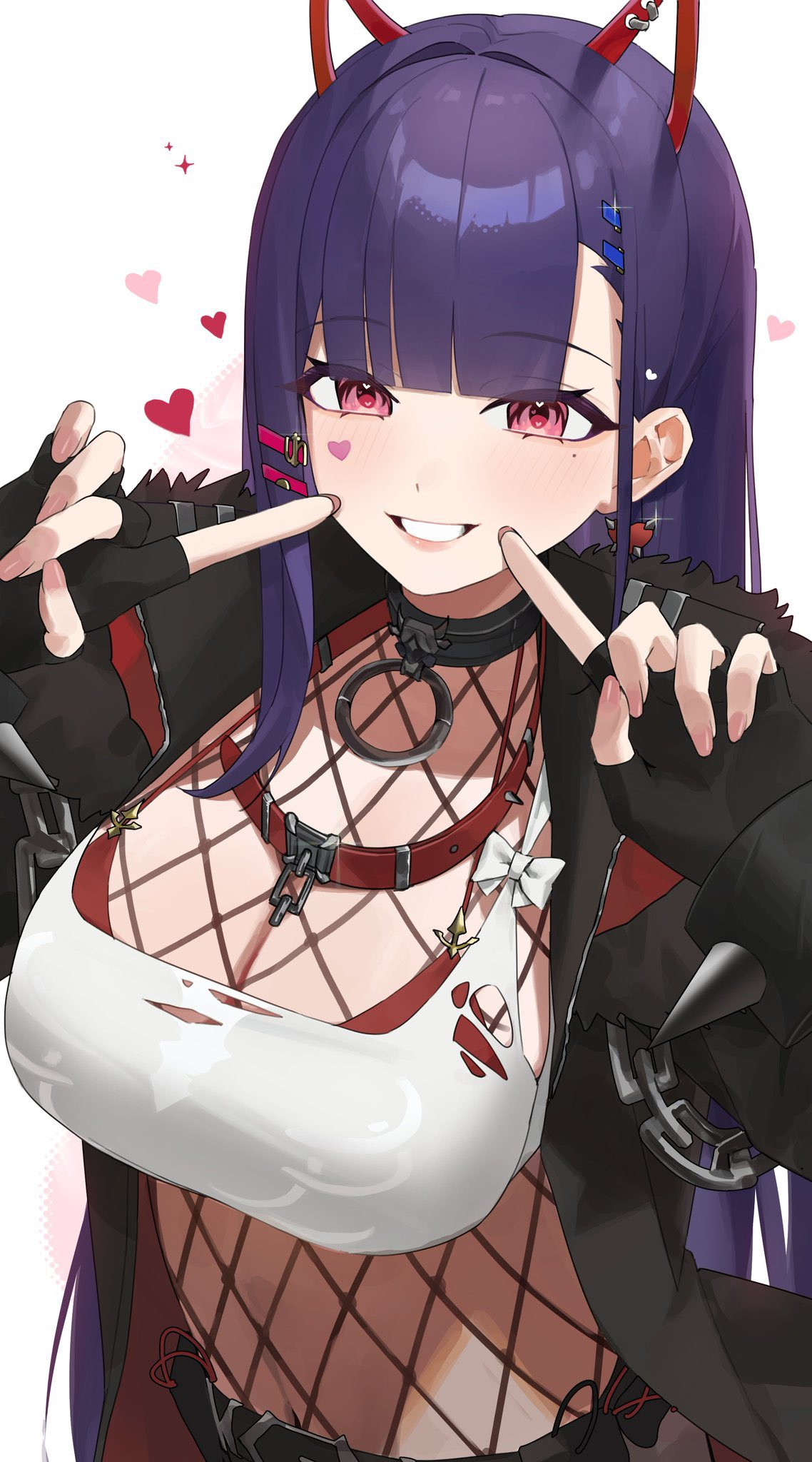 absurdres, akuma nihmune, akuma nihmune (2nd costume), black gloves, black jacket, blush, breasts, cleavage, d:kou, demon, earrings, facial mark, female, fingerless gloves, fishnets, gloves, goth, goth girl, grool, hair ornament, hairclip, heart, heart facial mark, highres, indie virtual youtuber, jacket, jewelry, large breasts, long hair, long sleeves, looking at viewer, marking below eyes, mole, mole under eye, open mouth, pov, purple eyes, purple hair, solo focus, succubus, thighs, tongue, virtual youtuber