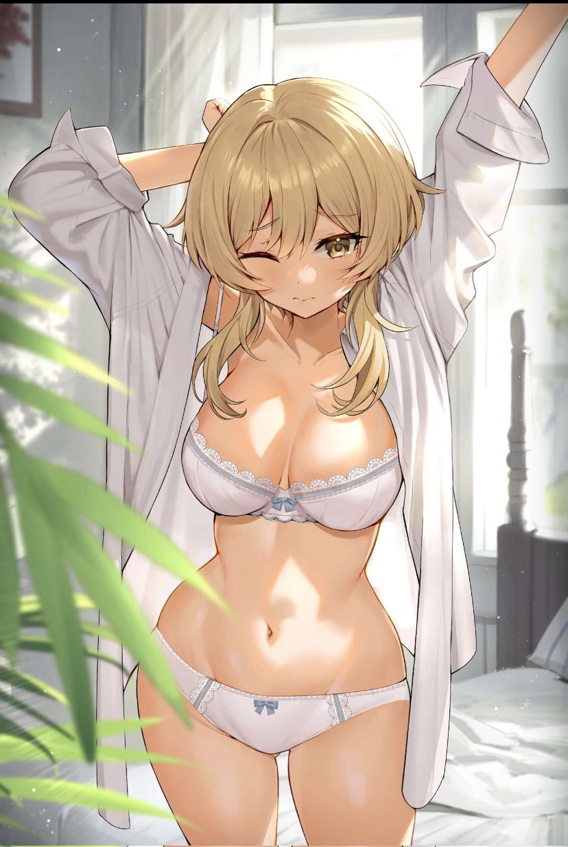 baggy_shirt blonde_hair breasts female_only genshin_impact lumine_(genshin_impact) mashilemo underwear waking_up