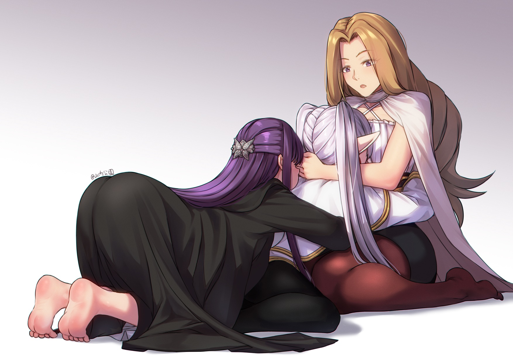 2024, 2d, 2d (artwork), 3girls, artist name, ass, ass focus, barefoot, between breasts, breast smother, breasts, brown hair, child bearing hips, curvaceous, curvaceous ass, curvaceous body, curvaceous female, curvaceous figure, curvaceous hips, curvaceous thighs, curvy, curvy body, curvy female, curvy figure, curvy hips, curvy thighs, elf, face between breasts, female, female focus, female only, fern (sousou no frieren), foot fetish, frieren, grey hair, head between breasts, highres, hug, long hair, methode (sousou no frieren), multiple females, multiple girls, pantyhose, pointy ears, purple hair, questionable, sfw, simple background, smothering, sousou no frieren, thick, thick hips, thick legs, toes, twintails, very long hair, waifu, white background, wholesome, yamauchi (conan-comy), yuri