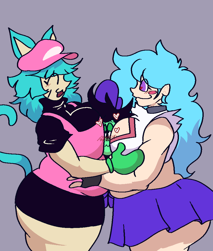 1futa 2girls :3 :3d ^_^ ass between_breasts big_ass big_breasts big_butt black_hair black_shirt black_skirt blue_skirt blush boob_window cat_ears cat_tail catgirl chikiababy chub chubby chubby_female crossover fnf friday_night_funkin futanari green_gloves green_skin grey_background happy heart heart-shaped_pupils hug huge_ass huge_breasts larger_female light_blue_hair light_blue_tail light_skin mario_hat mawio_(owoify_project) nabsuki_34 nabu_(nabsuki_34) no_sleeves_shirt obese oerba_yun_fang owo owoify_project pink_hat pink_overalls pressing pressing_against pressing_breasts purple_hat purple_pupils purple_shoes sandwiched self-insert size_difference skirt skyblue skyblue_(friday_night_funkin) skyverse sm64pcbuilder2 smaller_futanari smiling squish suggestive super_mario_64 ti-ling_(artist) trapped triangle_nose white_shirt wholesome wide_hips wide_thighs