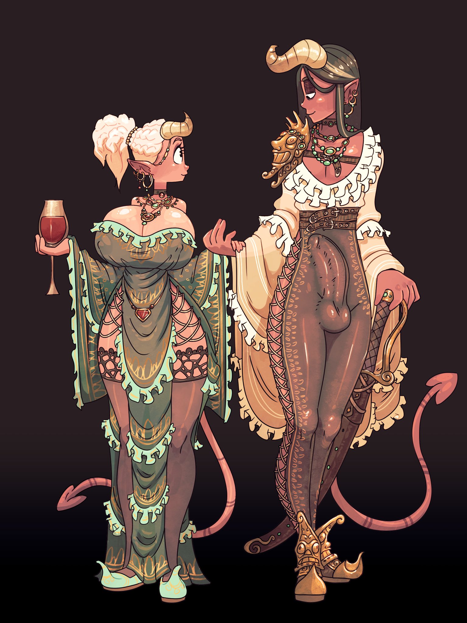 balls, big balls, big breasts, big penis, breasts, bulge, cleavage, dress, earrings, eyeshadow, female, glass, high heels, horns, jack cayless, jewelry, male, original character, pants, penis, pink skin, pointy ears, ponytail, rapscallion games, red skin, shirt, shoes, tail, thighhighs, tight clothing, tight fit, wine, wine glass
