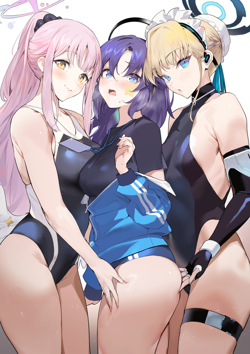 3girls ass black_leotard black_shirt blonde_hair blue_archive blue_buruma blue_eyes blue_jacket breasts bun_cover buruma cleaning_&_clearing_(blue_archive) earpiece gym hair_bun halo hand_on_ass highleg highleg_leotard id_card iku_(ikuchan_kaoru) ikuchan_kaoru jacket lanyard large_breasts leotard long_hair looking_at_viewer maid_headdress medium_breasts mika_(blue_archive) millennium_science_school_student multiple_girls pink_hair ponytail purple_hair seminar_(blue_archive) shirt small_breasts star_sticker tea_party_(blue_archive) thigh_strap toki_(blue_archive) track_jacket trinity_general_school_student yellow_eyes yuri yuuka_(blue_archive) yuuka_(gym_uniform)_(blue_archive)