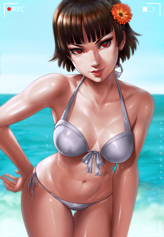 1girls beach bikini breasts brown_hair crown_braid dandon_fuga hair_flower hand_on_hip looking_at_viewer makoto_niijima medium_breasts midriff navel ocean outside persona persona_5 recording red_eyes sfw short_hair side-tie_bikini side-tie_swimsuit sky swimsuit water white_bikini white_swimsuit