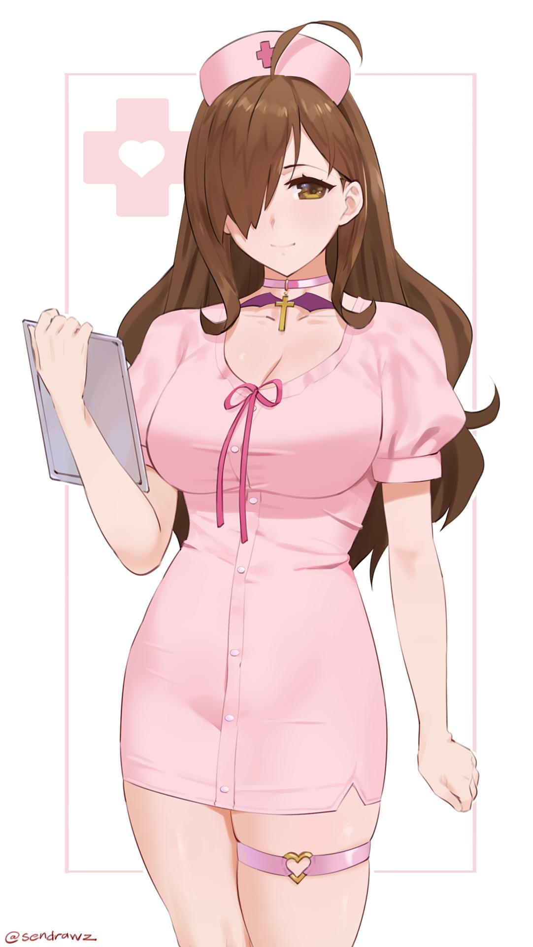 1girls breasts brown_eyes brown_hair choker clipboard cross_choker hair_over_one_eye heart_o-ring holding_clipboard kono_subarashii_sekai_ni_shukufuku_wo! large_breasts long_hair looking_at_viewer nurse nurse_cap nurse_uniform sendo_(sendrawz) sendrawz thigh_strap wiz_(konosuba)