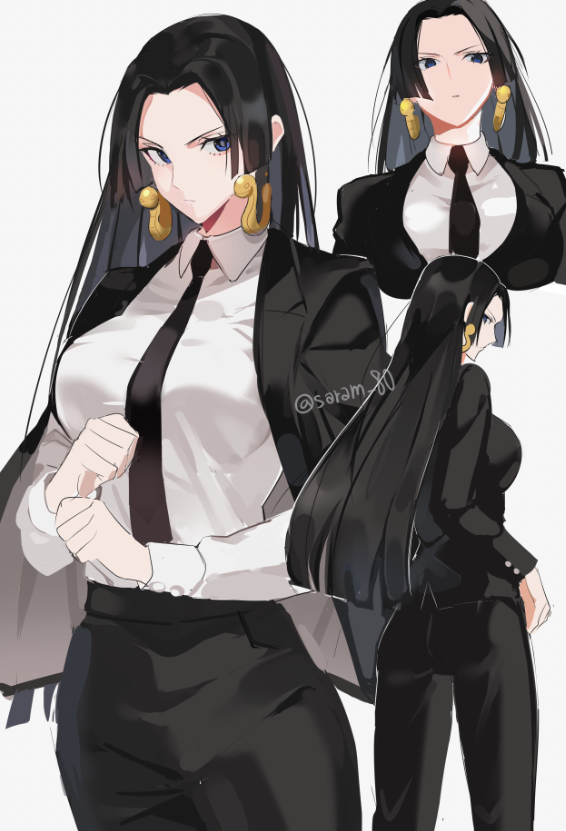 1girls black_hair black_jacket black_pants blue_eyes boa_hancock breasts button_down_shirt earrings female female_only formal jacket joman large_breasts long_hair looking_at_viewer necktie one_piece pants saram_80 shirt snake_earrings suit white_shirt