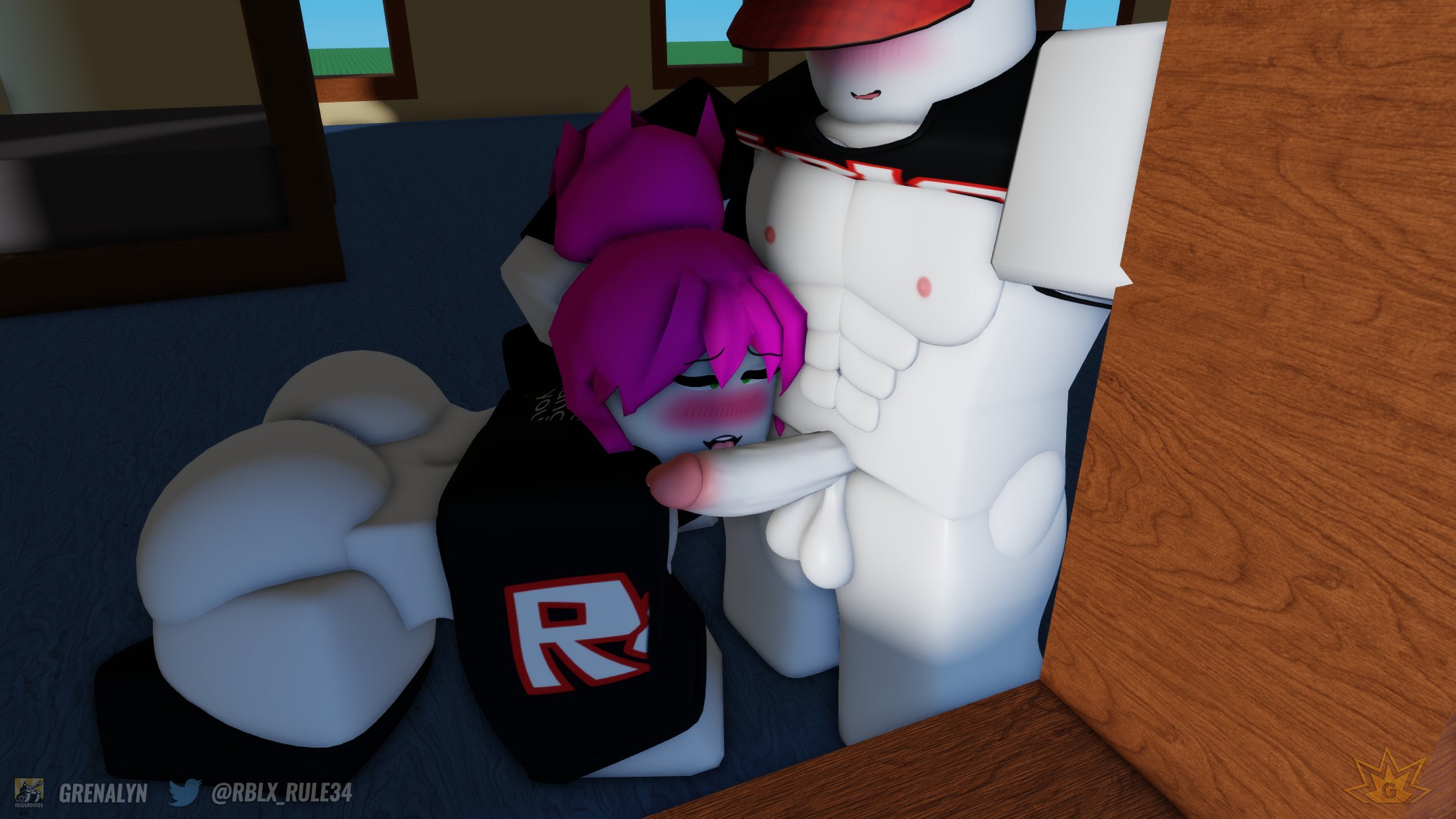 1boy, 1girls, 2021, 3d, ass, balls, black clothing, blush, bottomless, female, grena, guest (roblox), male, muscular, muscular male, nipples, penis, roblox, robloxian, shirt lift, tagme, watermark, white skin