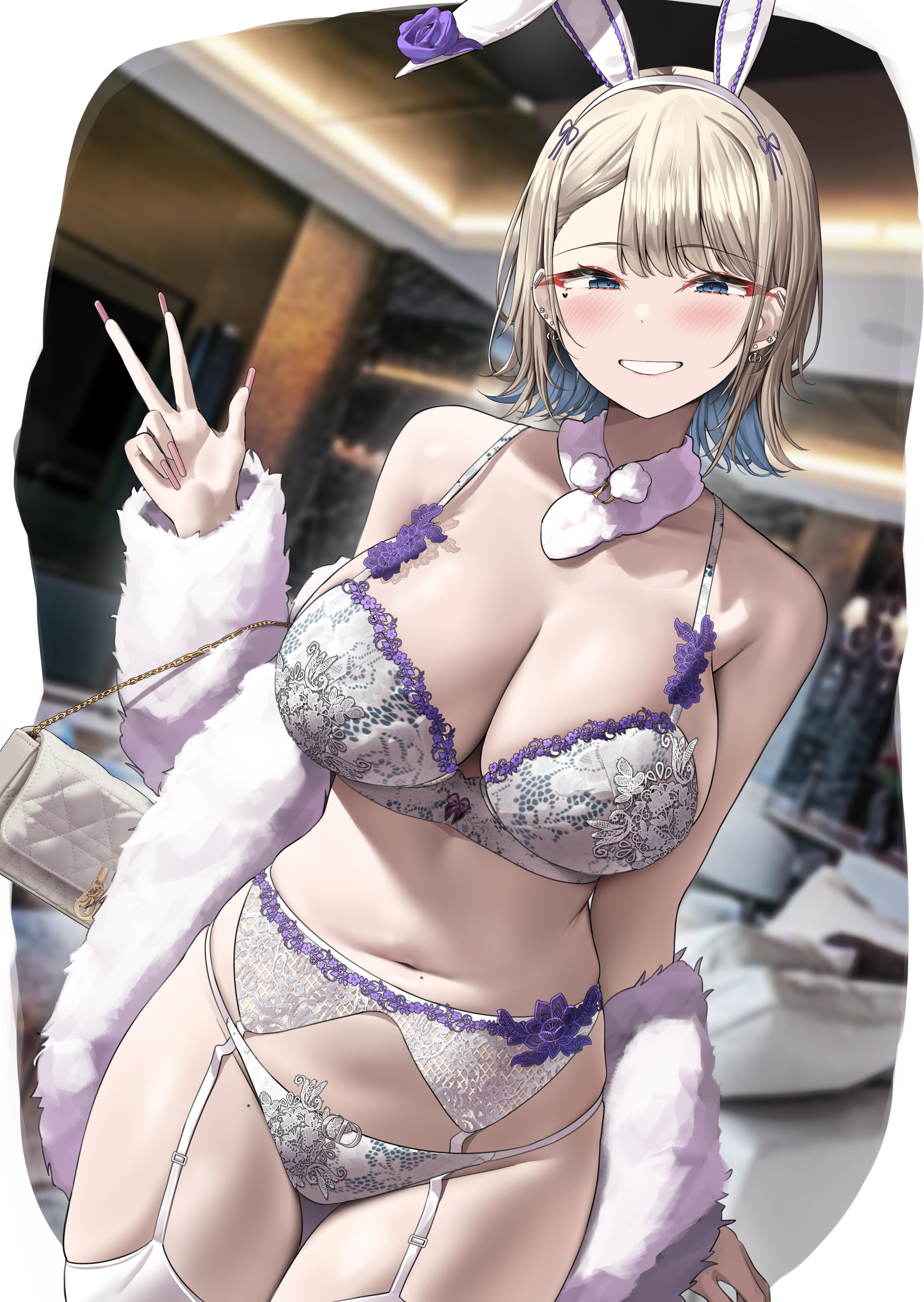 1girls, asako fuyuyama, blonde hair, blue eyes, bra, breasts, bunny ears, bunny girl, female, hi res, huge breasts, kuse (0201), light skin, light-skinned female, naughty face, original, original character, panties, peace sign, short hair, smile