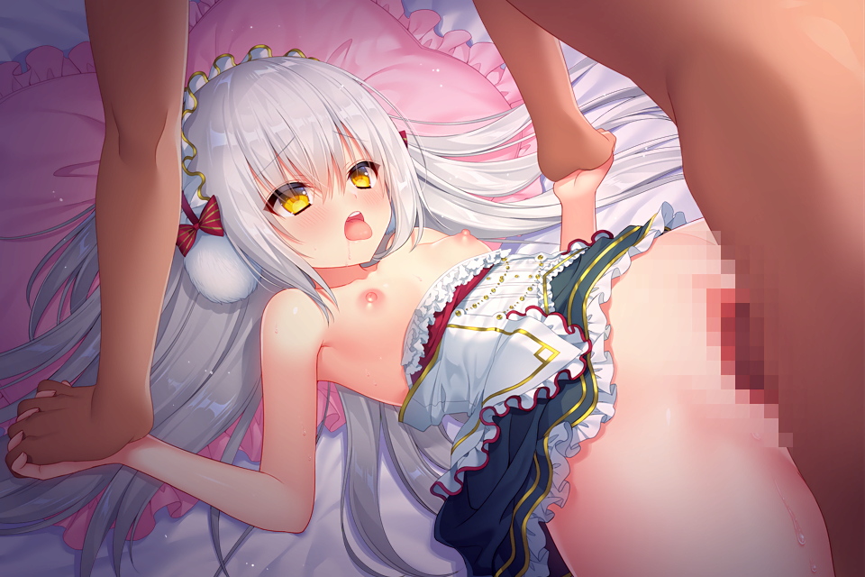 1boy armpits black_skirt bow breasts censored clothed_female_nude_male clothed_sex female female_orgasm flower_knight_girl game_cg hairband hand_holding long_hair lying missionary mosaic_censoring nipples nude official_art on_back open_mouth orgasm penis pillow raised_eyebrows red_bow sakura_neko sex shiny shiny_skin shirotaegiku_(flower_knight_girl) skirt small_breasts spread_legs straight striped striped_bow tongue tongue_out vaginal_penetration white_hair yellow_eyes