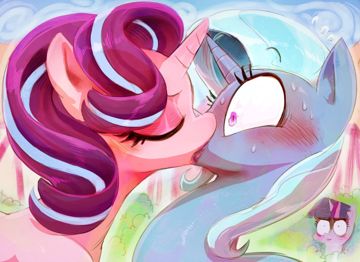 3girls blush equine friendship_is_magic hasbro kissing lesbian_kiss lipstick my_little_pony starlight_glimmer sunibee trixie_(mlp) twilight_sparkle_(mlp) unicorn yuri