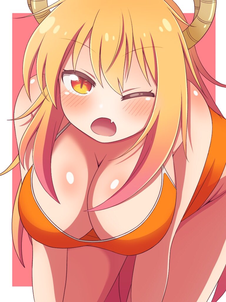 1girls, all fours, big breasts, blush, breasts, cleavage, dragon girl, female, mei (blgvprumrygoiaw), miss kobayashi's dragon maid, one eye closed, tohru (dragon maid)