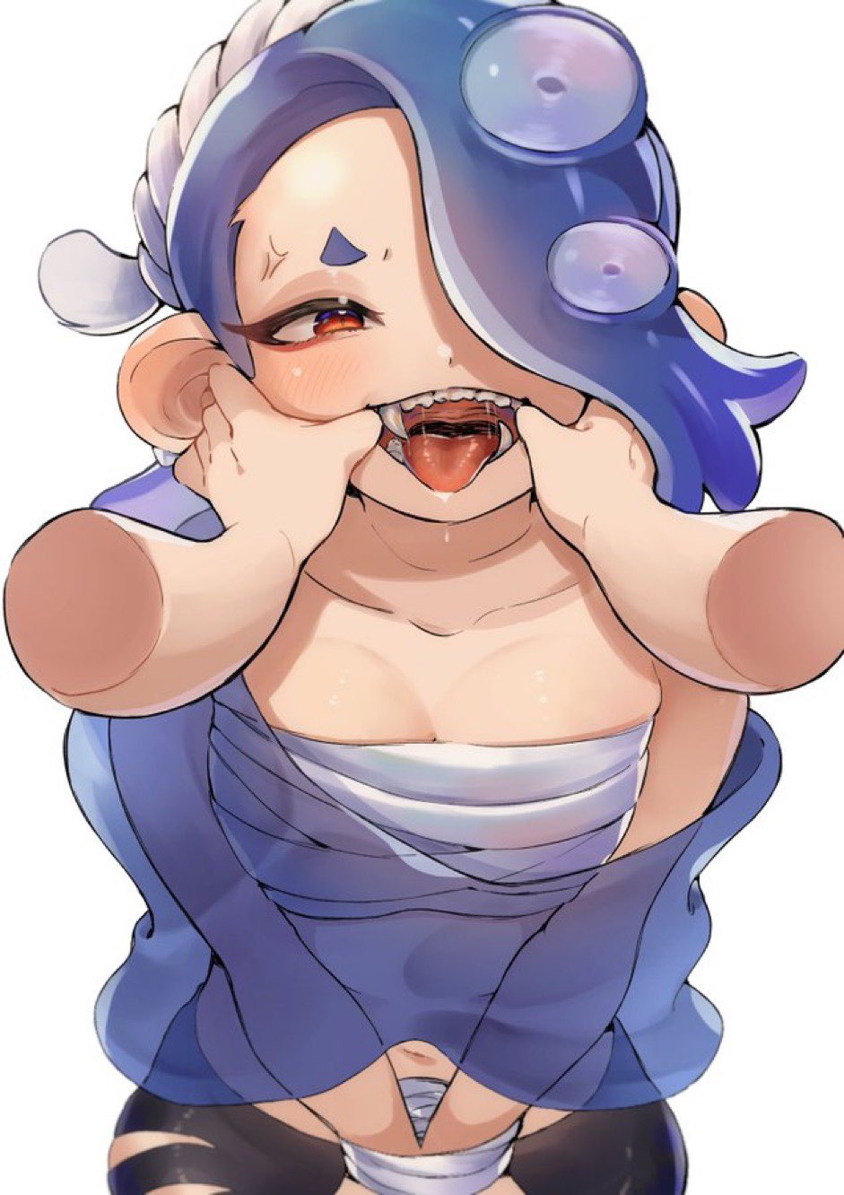 2022, black eyelashes, black legwear, blue hair, cleavage, drool, drooling, earrings, fangs, female, finger in mouth, hair over one eye, hands tied, headband, headwear, hi res, highres, japanese female, light skin, light-skinned female, looking at viewer, moudameda17, nintendo, octoling, open mouth, red eyes, ripped clothing, saliva, sarashi, shawl, shiver (splatoon), shiver hohojiro, splatoon, splatoon (series), splatoon 3, tagme, tentacle, tentacle hair, tongue, tongue out