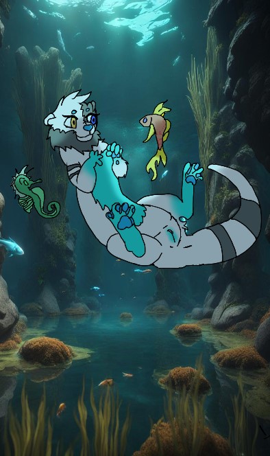 2023 agathe_lukasewitch agatheotta anthro ass blue_body blue_eyes blue_fur blue_pawpads brown_body brown_fur digital_media_(artwork) female fish fur genitals kelp mammal marine mustelid nude otter pawpads pussy seahorse simple_background smile solo solo_focus syngnathid syngnathiform tail underwater water white_body white_fur yellow_eyes