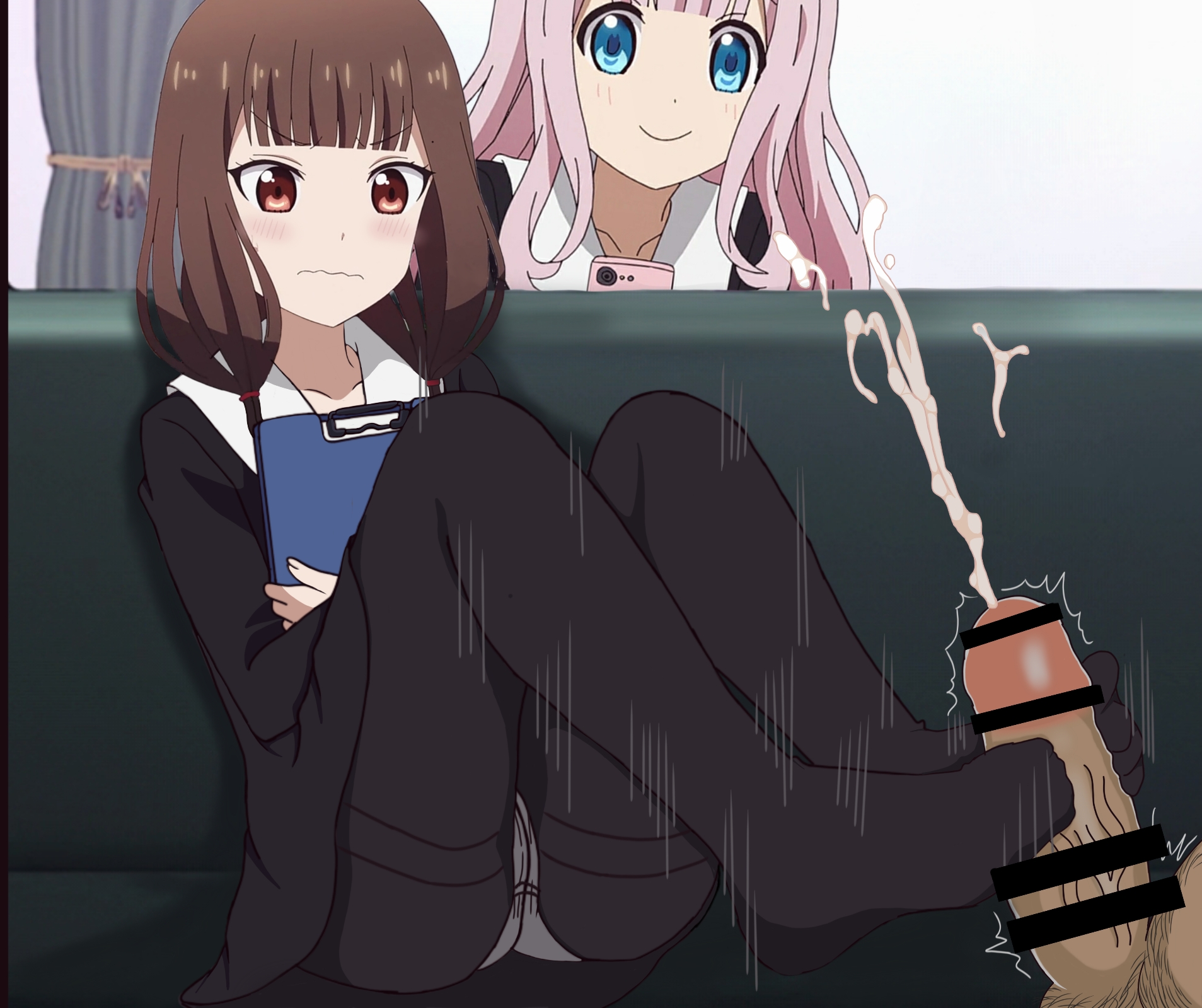 1boy, 2girls, ass, bangs, bar censor, black legwear, blue eyes, blush, brown eyes, brown hair, cellphone, censored, closed mouth, clothed, collarbone, couch, cum, devilvektor2, ejaculation, embarrassed, erection, eyebrows, eyebrows visible through hair, eyelashes, feet, female, female focus, foot focus, footjob, footwear, fujiwara chika, iino miko, kaguya-sama wa kokurasetai ~tensai-tachi no renai zunousen~, legs, legs up, legwear, light skin, light-skinned female, long hair, looking at another, male, movement lines, open eyes, panties, panties under pantyhose, pantyhose, pantyshot, penis, phone, pink hair, pubic hair, skirt up, thick thighs, thighs, tied hair, toes, unseen male face, veiny penis, watching, wavy mouth