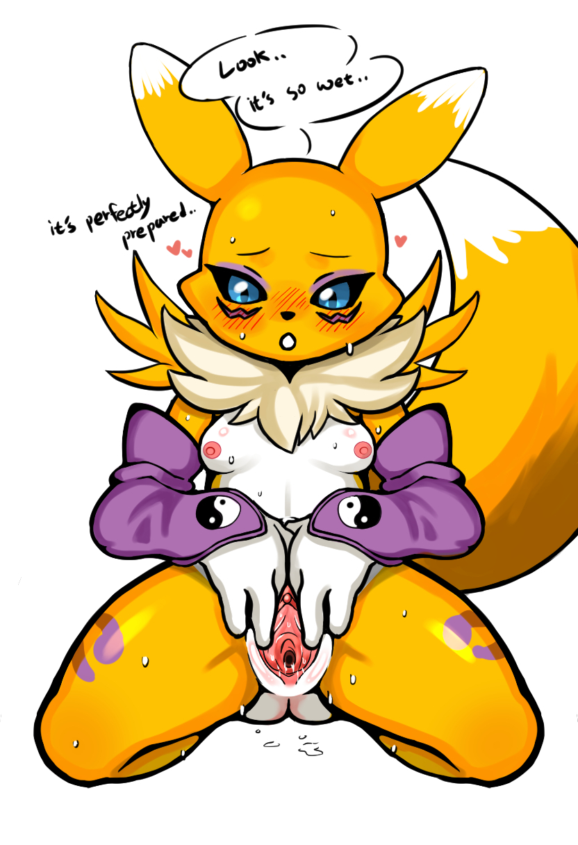 anthro areola bandai_namco biped blush breasts clitoris countershade_torso countershading cub digimon digimon_(species) dipstick_ears dipstick_tail english_text eyebrows female fingers genitals hi_res lfer markings multicolored_ears nipples pussy renamon small_breasts solo spread_pussy spreading tail tail_markings text