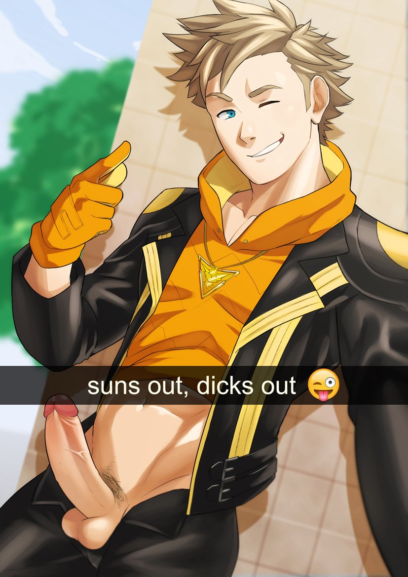 1boy 1male bara blonde_hair boner clothes_lift clothing erection flashing leather_jacket looking_at_viewer masculine naughty_face one_eye_closed precum selfie smile snapchat solo spark_(pokemon) zink_(zink_mchn)