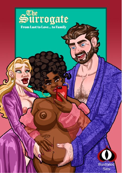 1boy 2girls afro bisexual bisexual_(female) blonde_hair blue_eyes comic comic_cover couple cover dark-skinned_female dark_skin female illustratedsins interracial light-skinned_female light-skinned_male light_skin male marriage mature mature_female mature_male porn pregnancy pregnant robes swingers yuri