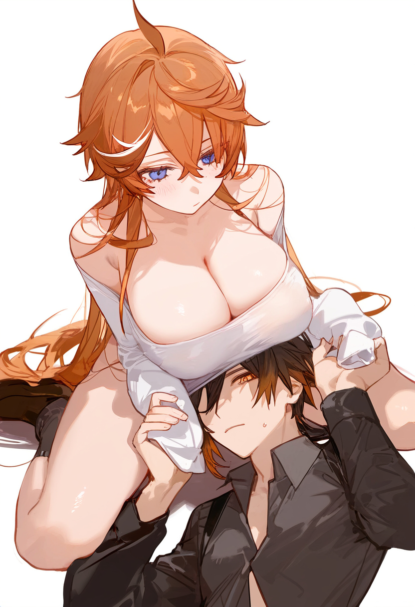 1boy, 1girls, ahoge, ai generated, big breasts, blue eyes, blush, breasts, brown hair, childe (genshin impact), clothing, dyed hair, female, genshin impact, ginger, ginger hair, laying down, long hair, male, orange hair, redhead, revealing clothes, rule 63, short hair, tartaglia (genshin impact), yellow eyes, zhongli (genshin impact)