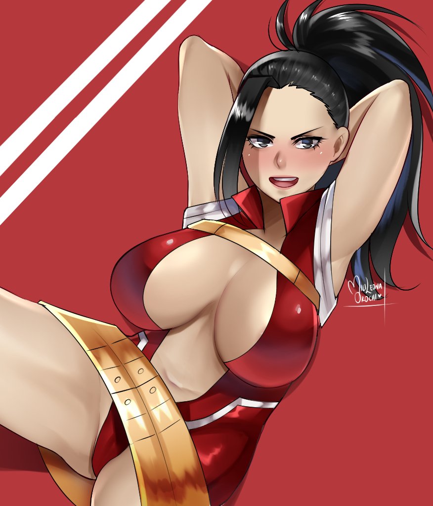 1girls, artist name, big breasts, black hair, black-haired female, breasts, clothing, female, female only, hair, hero outfit (mha), huge breasts, human, human female, leotard, light-skinned female, milileonaorochi, momo yaoyorozu, momo yaoyorozu (hero outfit), my hero academia, no bra, signature, solo, superheroine, watermark