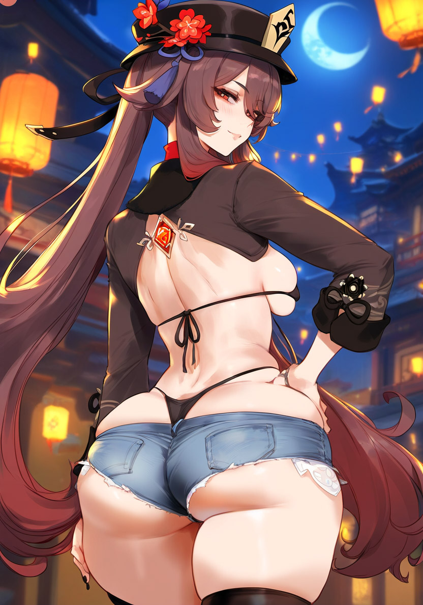 1girls ai_generated ass big_ass big_butt bikini bikini_top black_legwear breasts brown_hair crescent_moon cropped_jacket denim_shorts depressu female from_behind genshin_impact halloween_costume hand_on_hip hat highleg highleg_bikini hu_tao_(genshin_impact) huge_ass lantern large_breasts light-skinned_female light_skin long_hair looking_at_viewer looking_back moon night night_sky outdoors ponytail pumpkin red_eyes short_shorts shorts shrug_(clothing) skindentation smile solo thighhighs thighs thong_bikini twintails very_long_hair