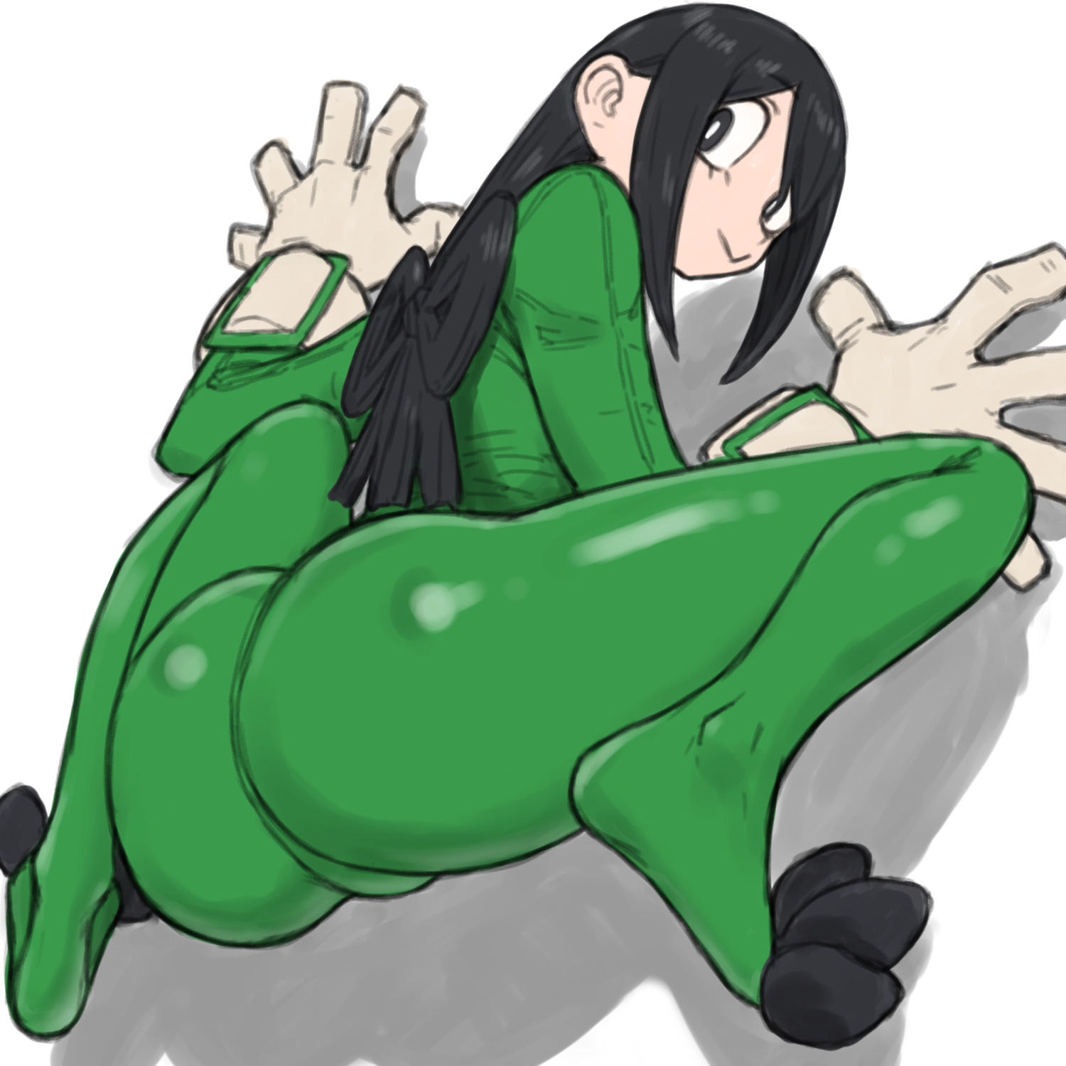 :>, 1girls, 2024, 3 toes, all fours, arched back, ass, back, back view, big ass, black eyes, black hair, bodysuit, calves, clothed, clothed female, clothes, clothing, eyelashes, feet, female, from behind, full body, fully clothed, gloves, green clothing, hair, handwear, hero outfit (mha), human, large ass, legs apart, light skin, light-skinned female, long hair, looking at viewer, looking back, looking back at viewer, my hero academia, pose, posing, rear view, simple background, skin tight, smile, smiling, smiling at viewer, solo, squatting, thighs, tiptoes, toes, toshinoshin00, tsuyu asui, white background, white gloves