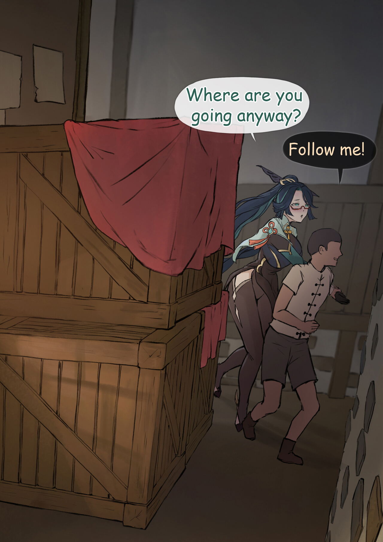 1boy, 1girls, 2d (artwork), alley, alternate version available, assertive male, black hair, bodysuit, colored inner hair, dialogue, dubious consent, english text, faceless male, female, frozenspiderlily, genshin impact, glasses, green eyes, green hair, larger female, long hair, male, mature female, night, older female, outdoors, ponytail, smaller male, tagme, text, two-tone hair, xianyun (genshin impact), younger male