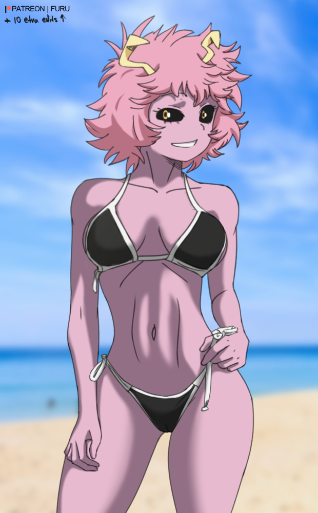 1girls, bikini, black bikini, black bra, black eyes, black panties, breasts, female, female only, furutaka, mina ashido, my hero academia, pink hair, pink-haired female, short hair, short pink hair, solo