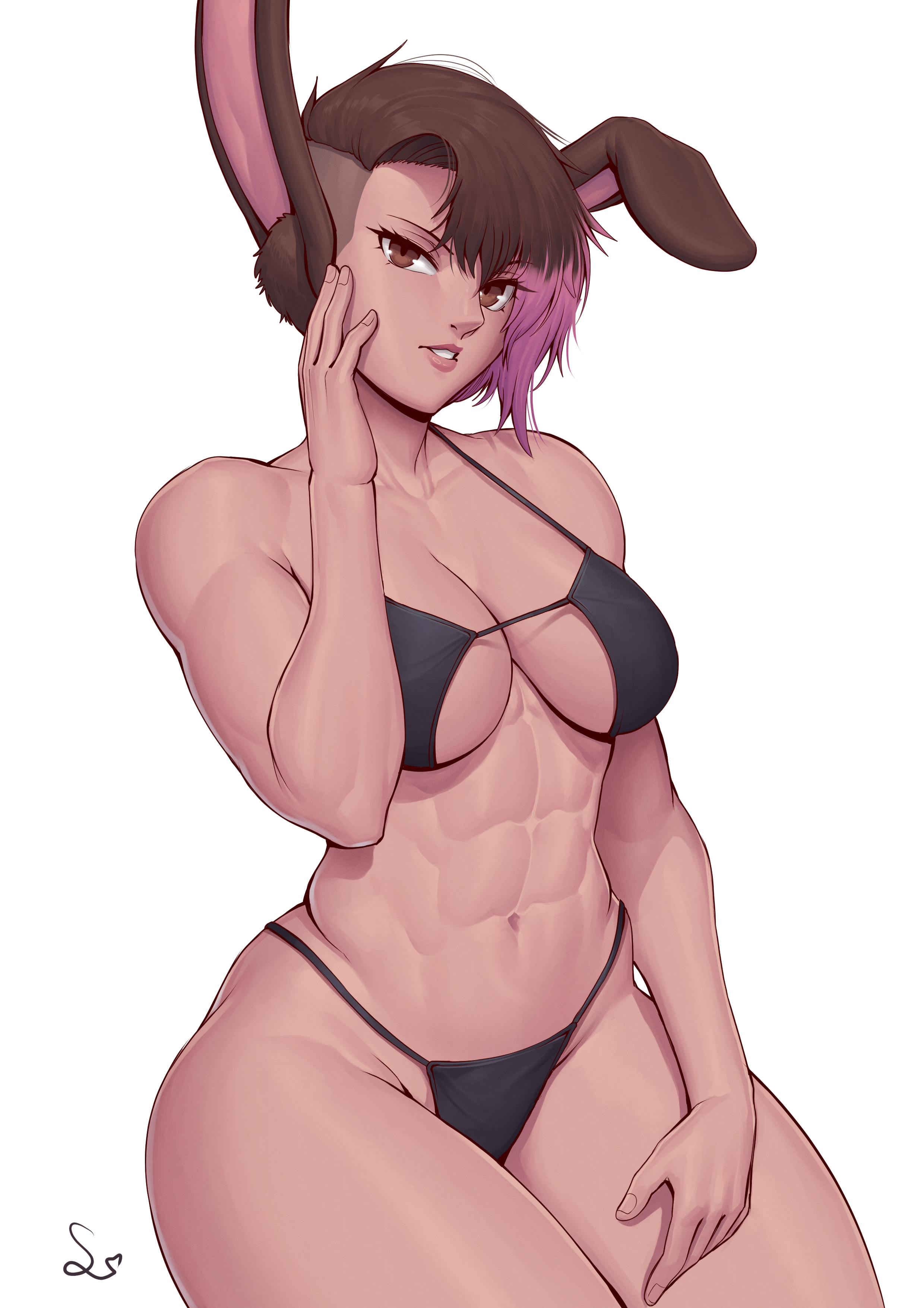 1girls, abs, absurd res, adonis belt, animal ear fluff, animal ears, biceps, bikini, black bikini, breasts, brown eyes, brown hair, bunny ears, bunny girl, cleavage, dark skin, dark-skinned female, female, gradient hair, hi res, large breasts, looking at viewer, multicolored hair, muscular, muscular female, navel, original, original character, pink hair, short hair, signature, simple background, sitting, solo, speedl00ver, swimsuit, undercut, white background