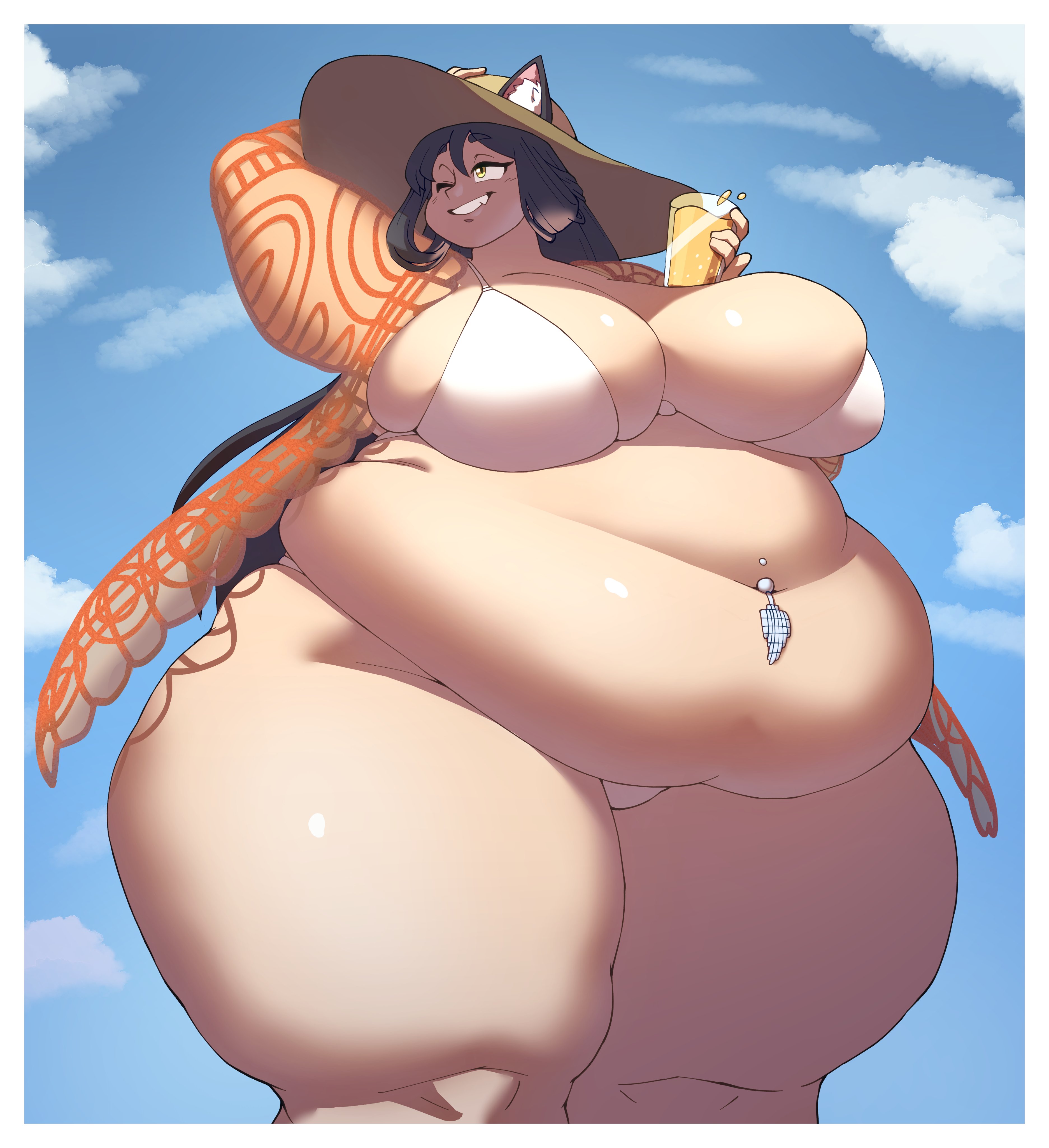 1girls, 2023, absurd res, animal ears, bbw, belly, belly piercing, bikini, black hair, breasts, cat ears, cat girl, catgirl, curvaceous, curvy, fat, female, female focus, hat, hips, huge belly, huge breasts, huge thighs, long hair, morbidly obese, morbidly obese female, mralguienynadie, obese, obese female, oc, one eye closed, original character, overweight, overweight female, piercing, plump, solo, solo female, solo focus, sun hat, swimsuit, thick thighs, thighs, voluptuous, wide hips