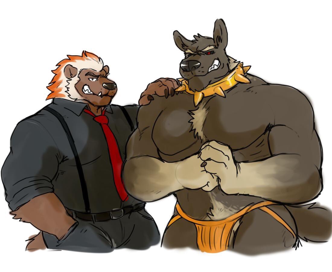 anthro barely_visible_genitalia biceps bulge canid canine clothed clothing collar duo fully_clothed hyenaface jockstrap male male_only mammal muscular muscular_male mustelid musteline necktie pants pecs simple_background smile spiked_collar spikes suspenders underwear white_background wolverine won_(madcow100)