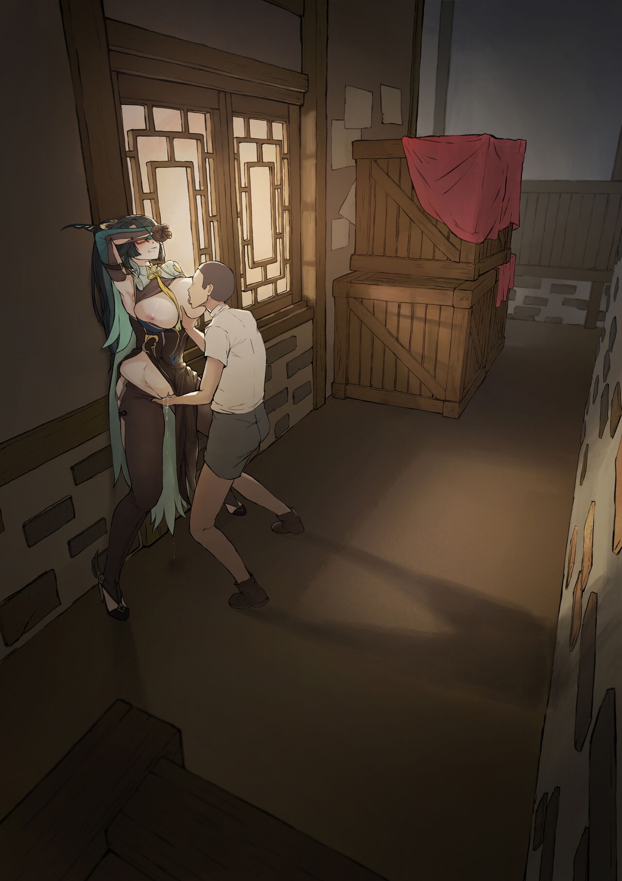 1boy, 1girls, female, frozenspiderlily, genshin impact, high heels, male, tagme, xianyun (genshin impact)