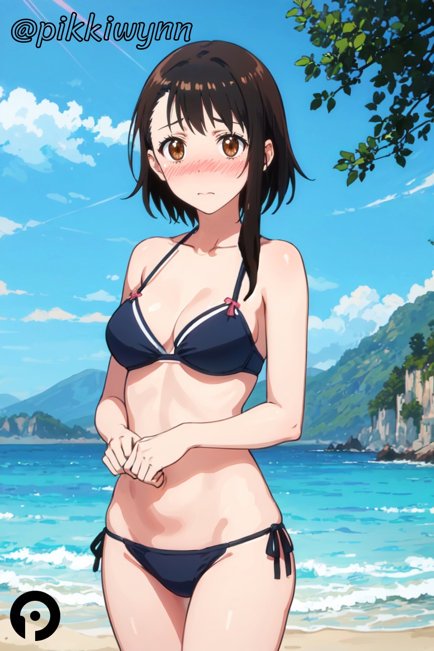 ai_generated bangs beach bikini black_bikini blue_sky blush breasts brown_eyes brown_hair cleavage closed_mouth cloud collarbone cowboy_shot day female looking_at_viewer medium_breasts navel nisekoi ocean onodera_kosaki outdoors pikkiwynn short_hair side-tie_bikini_bottom sky solo standing swimsuit water