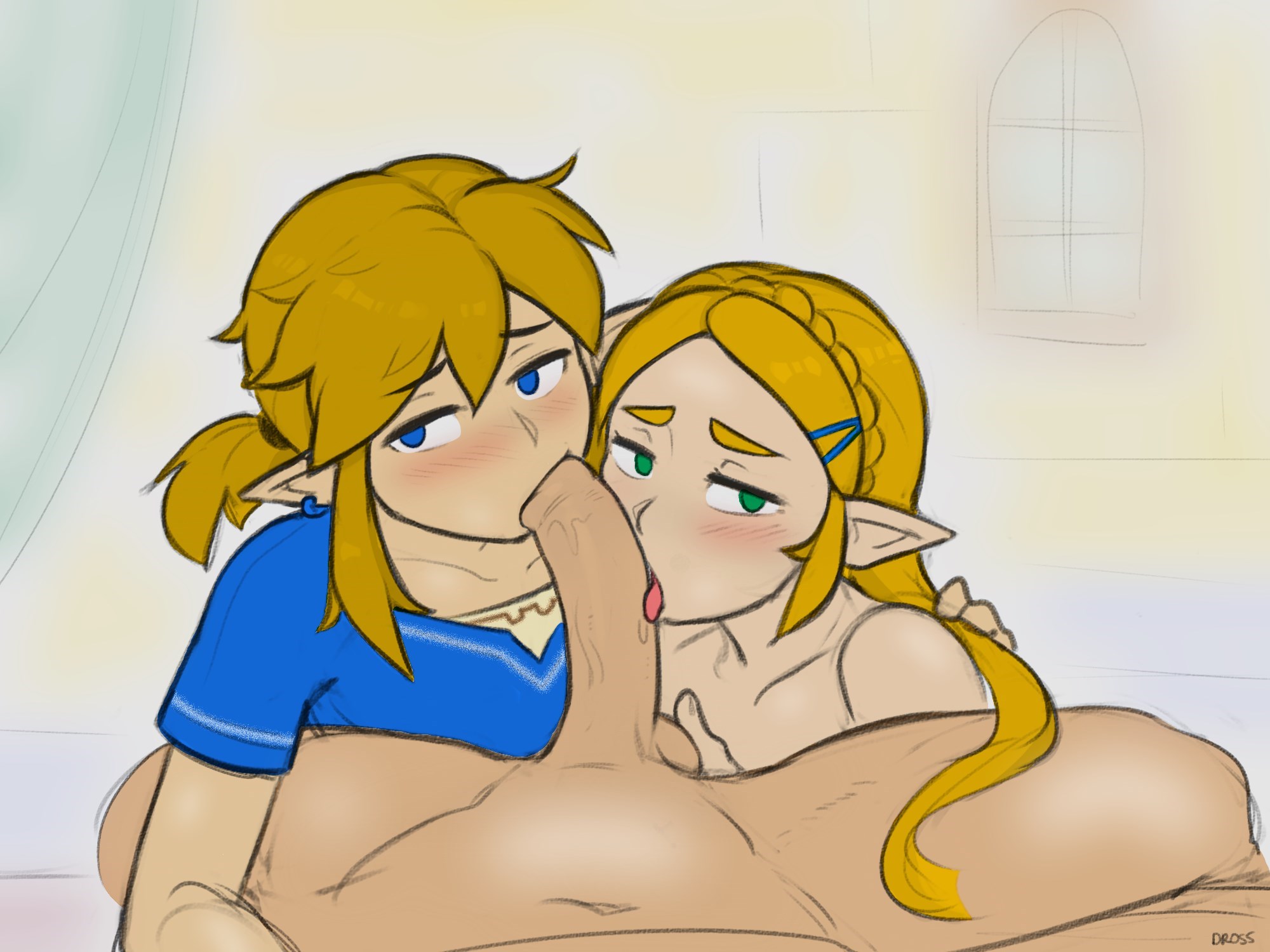 1girls, 2boys, balls, bisexual, bisexual fellatio, bisexual male, blonde hair, blue eyes, blush, both sexes in same situation, breath of the wild, collaborative fellatio, couple fellatio, double fellatio, dross, earrings, edit, elf, erection, fellatio, female, female supporting yaoi, gay, green eyes, humanoid, hylian, link, looking at viewer, male, multiple boys, nintendo, oral, oral sex, pale skin, penis, pointy ears, princess zelda, testicles, the legend of zelda, yaoi, zelda (breath of the wild)