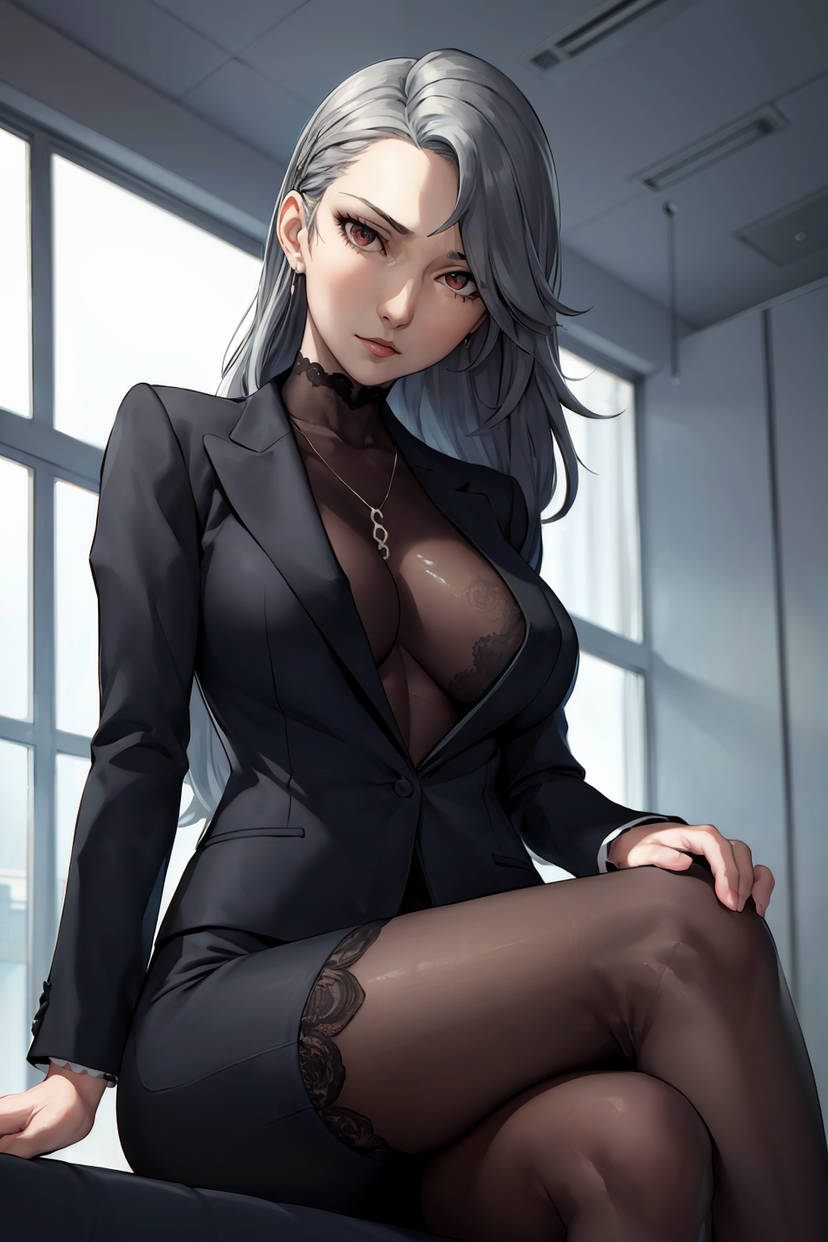 1girls, ai generated, black jacket, black shirt, black skirt, breasts, crossed legs, dontplantoend, earrings, female, grey hair, jacket, large breasts, long hair, looking at viewer, necklace, office lady, pantyhose, pencil skirt, persona, persona 5, red eyes, sae niijima, see-through shirt, shirt, sitting, skirt, suit, thighhighs