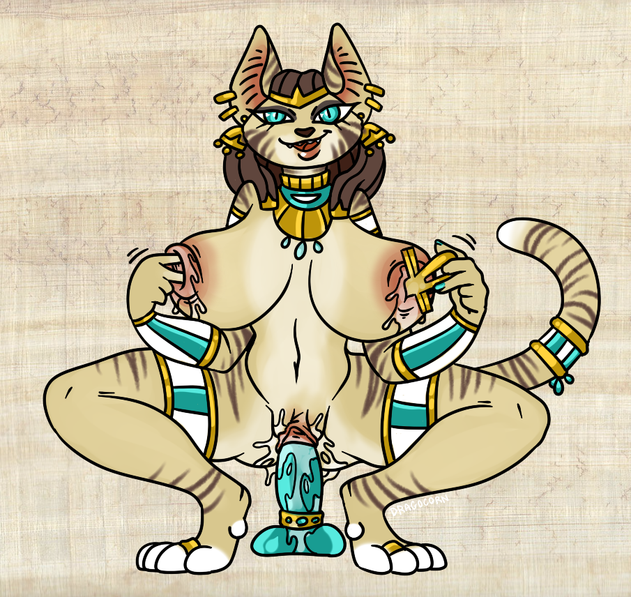 anthro dildo dragocorn felid feline felis female fingering gaping gaping_nipples improvised_sex_toy jewelry mammal masturbation nipple_penetration nipples penetration piercing sand_cat sex_toy solo