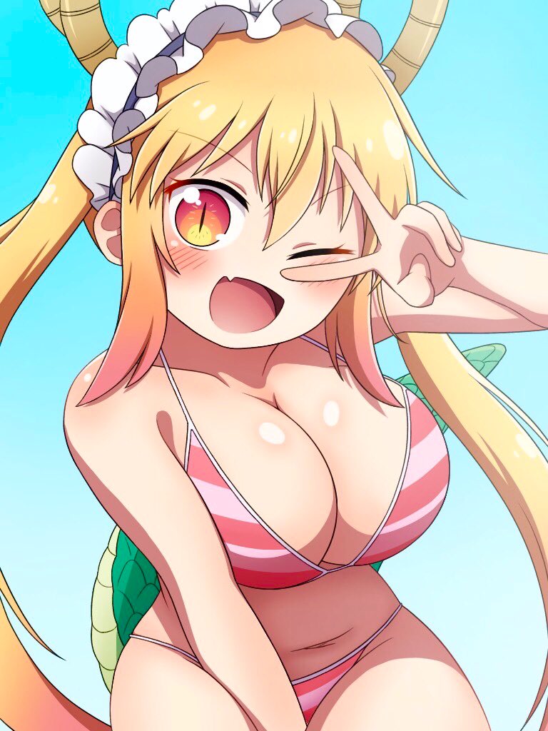 1girls, big breasts, bikini, breasts, cleavage, dragon girl, female, mei (blgvprumrygoiaw), miss kobayashi's dragon maid, one eye closed, peace sign, smile, swimsuit, tohru (dragon maid)